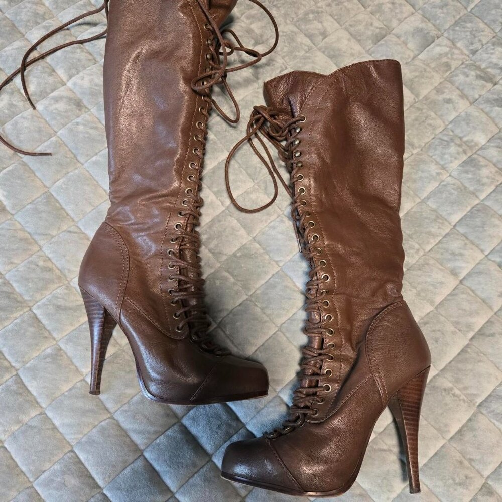 Vintage Brown leather lace up/zip up knee high boots